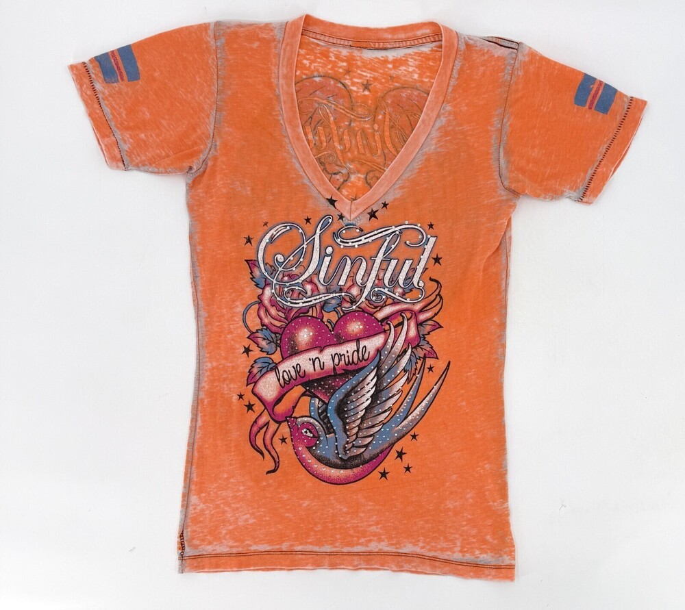 Sinful Shirt Womens Medium Organe Pullover Short Sleeve Distressed Lightweight